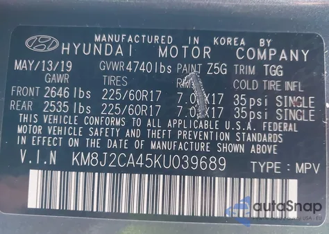 2019 Hyundai Tucson Se from USA, damaged, VIN KM8J2CA45KU039689